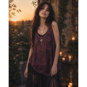Romantic Burgundy Lace Babydoll Sleeveless Top Size S Soft Stretch Lined
